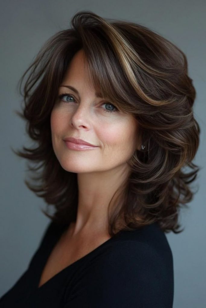 Feathered crown layers adding volume.