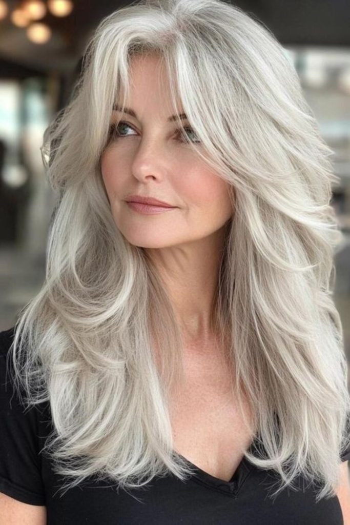 Frosted layered cascade with platinum hues.