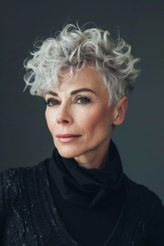 Icy highlighted curls with airy crown.