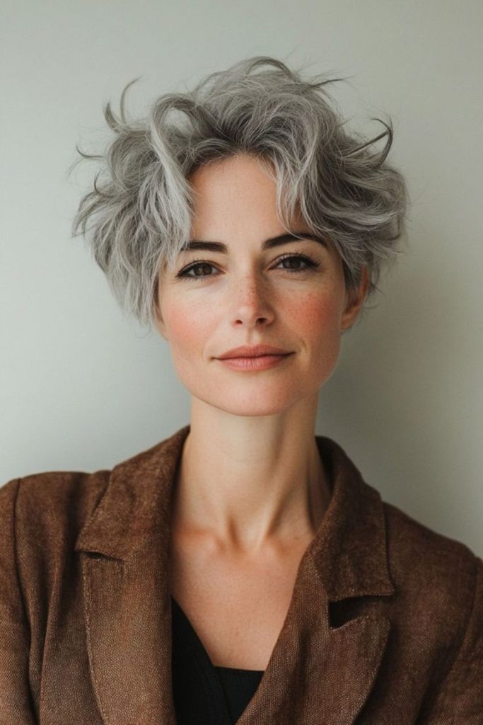 Platinum streaks on loose dark curls.