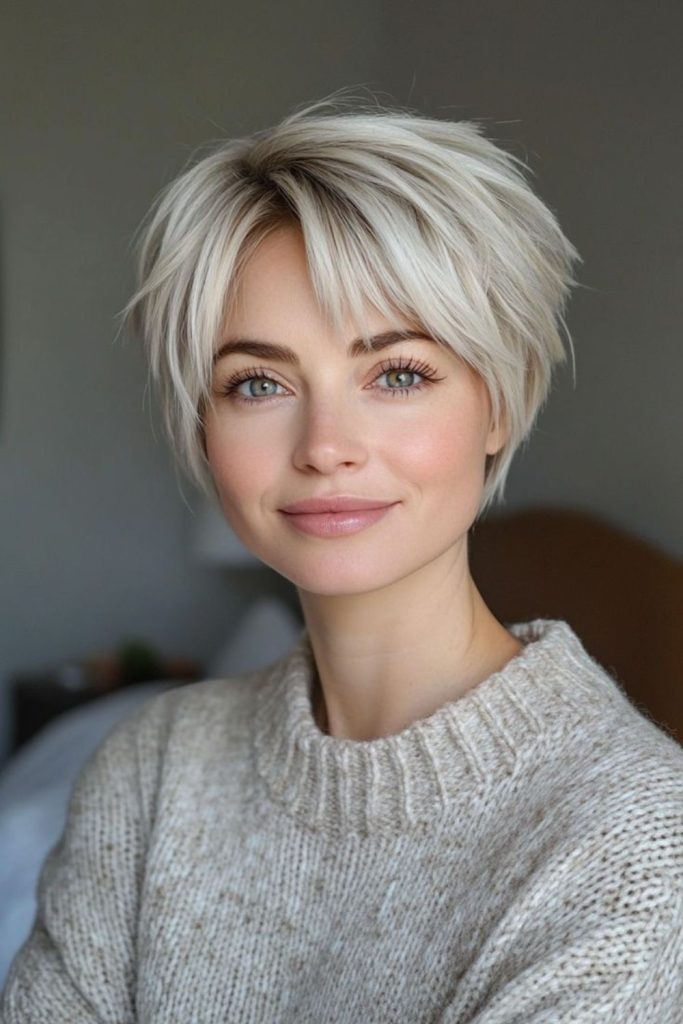 Swirled pixie bob for thin hair.