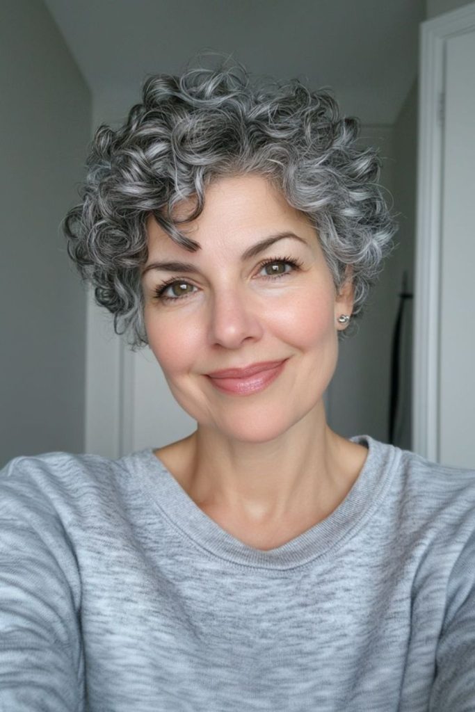 Curly pixie blooming with natural charm.