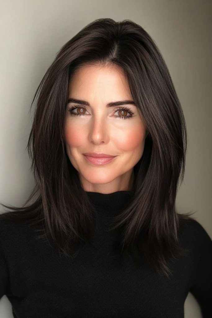 Glossy espresso straight hairstyle look.