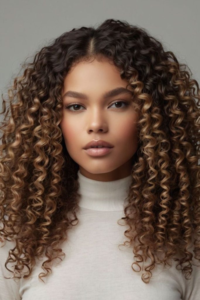 Honey-colored ringlets cascading unevenly