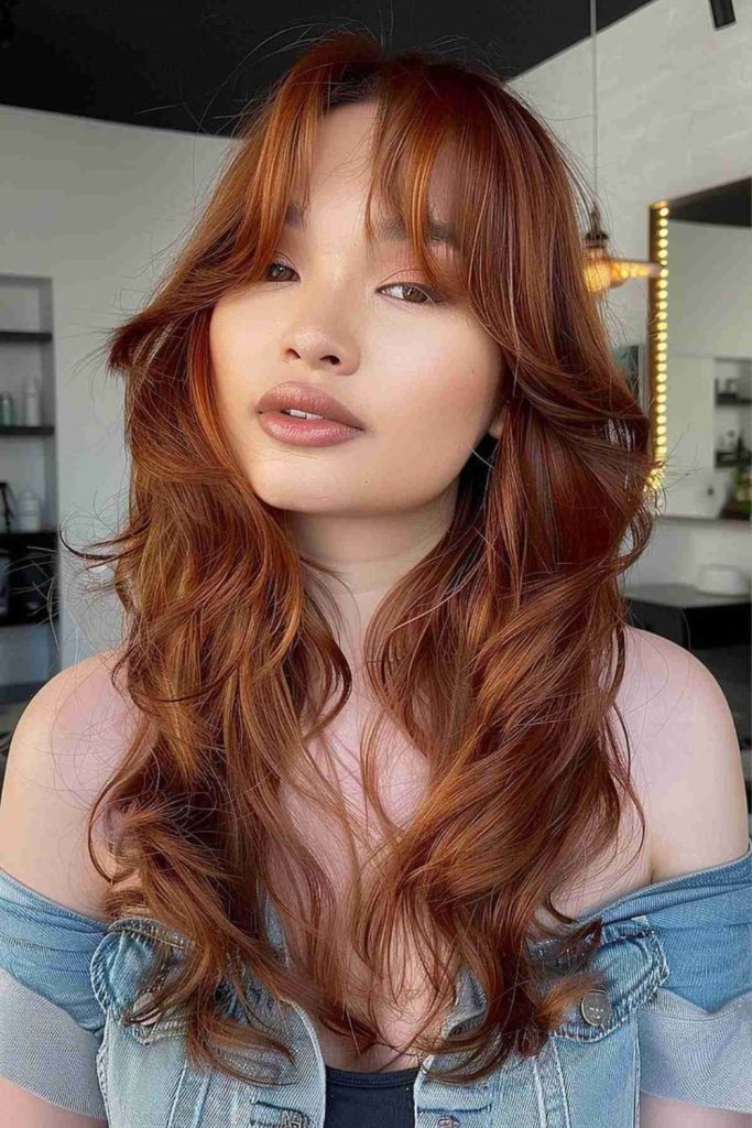 Golden streaked curtain bangs cascading