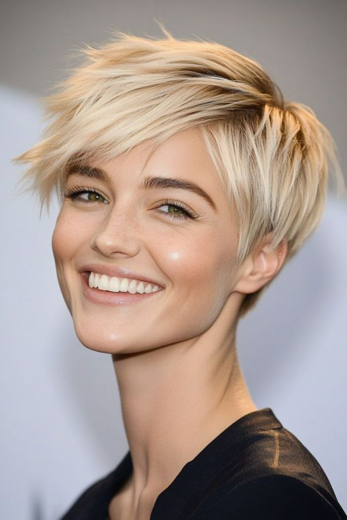 Warm golden pixie with airy movement.