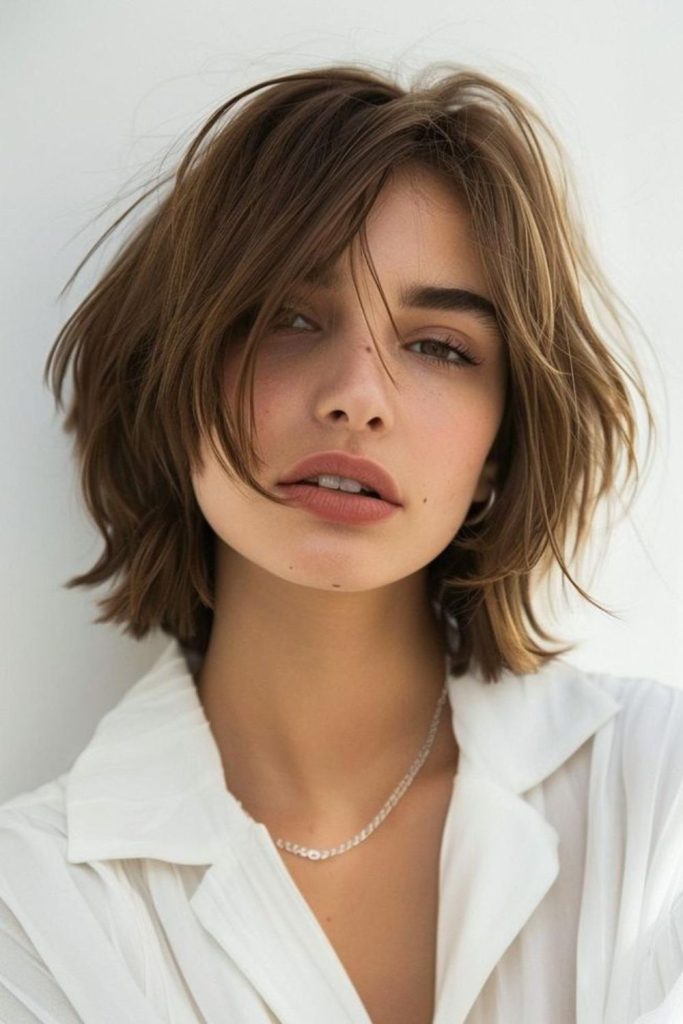 Honey-toned bob shaping soft contour.