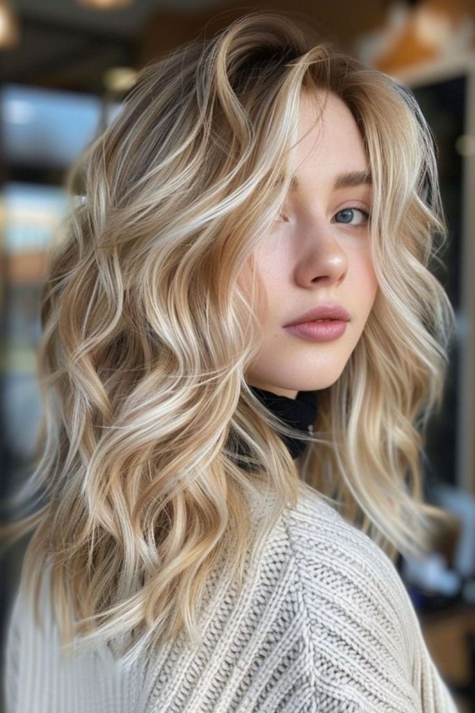 Caramel strands swirling beneath icy blonde