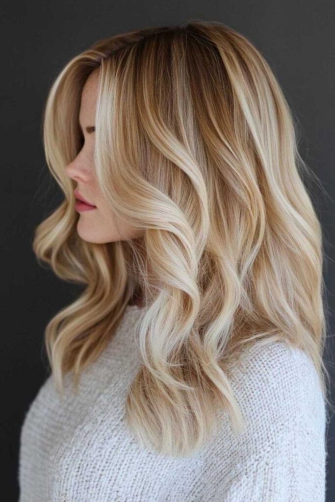 Caramel threads under pale blonde shimmer