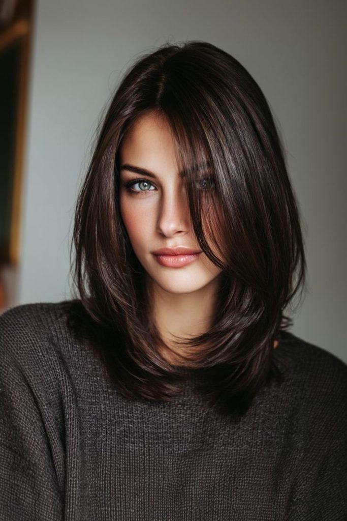 Satin-smooth dark cascading textured bob