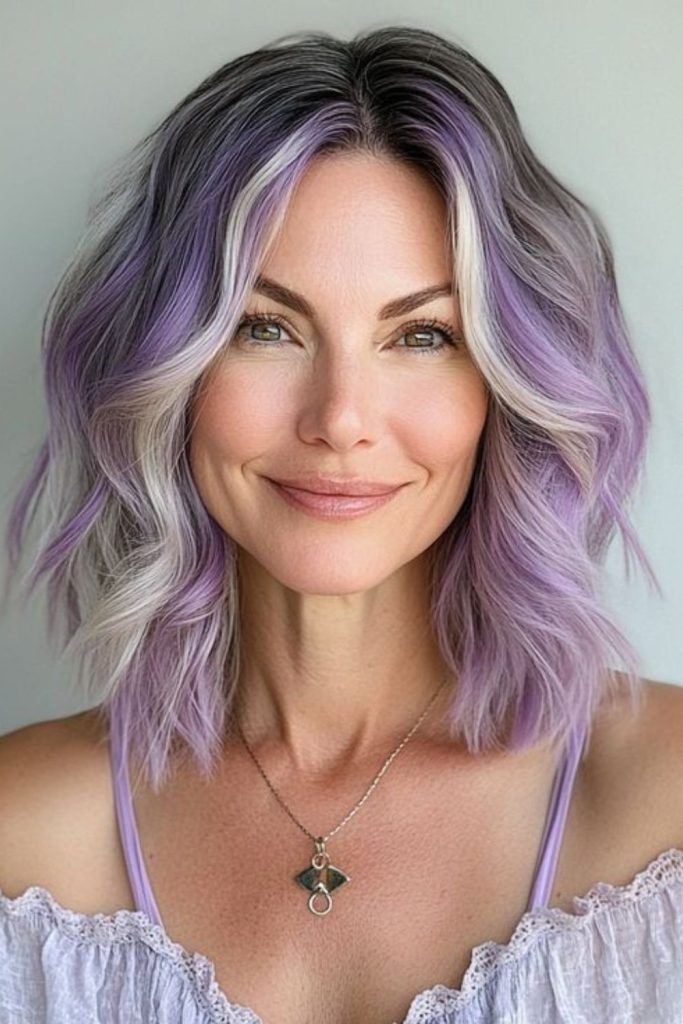 Lavender layered style with shimmer.