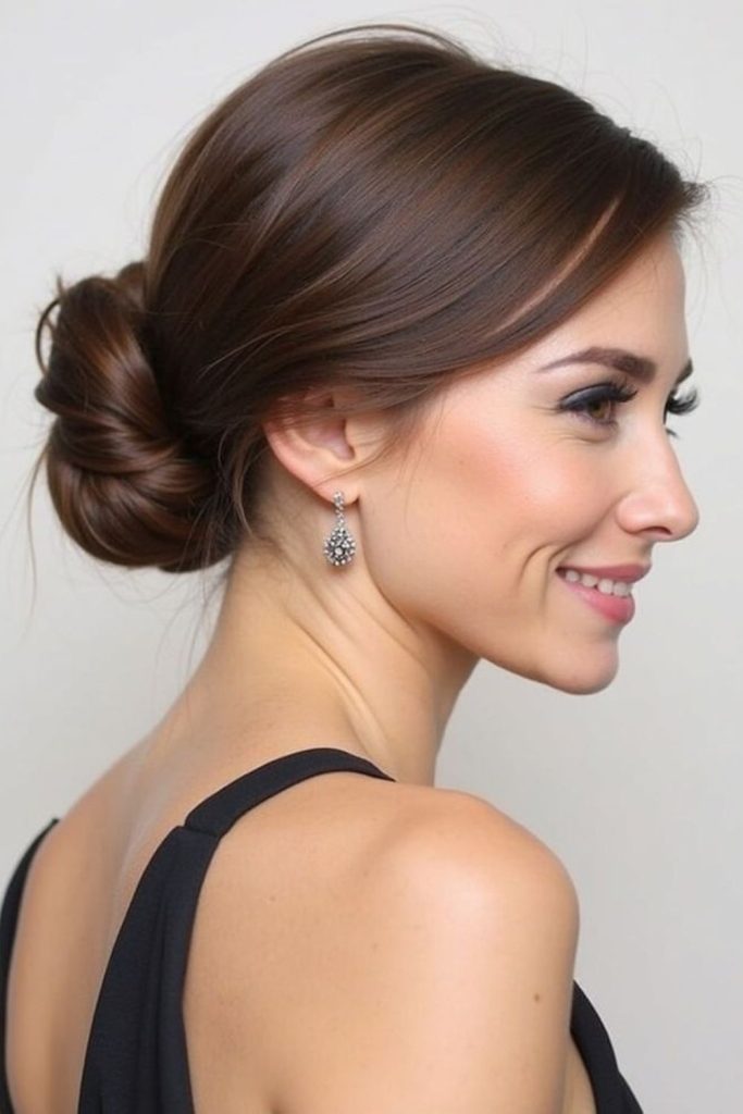 Low bun hairstyle with sleek sophistication.