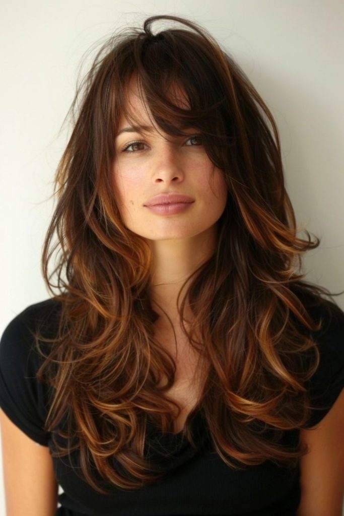 Marbled cocoa wavy curtain bangs