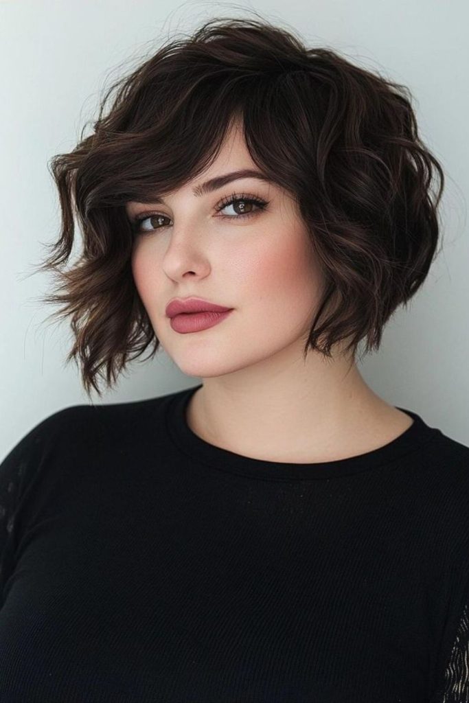 Earthy wave bob narrowing cheek fullness.