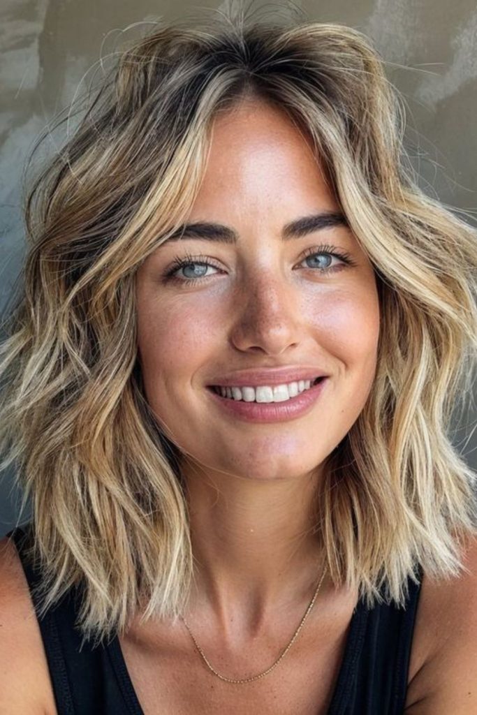 Wavy beach-inspired bob with tousled edges.