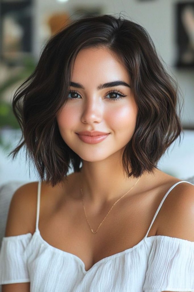 Dewy petal bob creating soft balance.