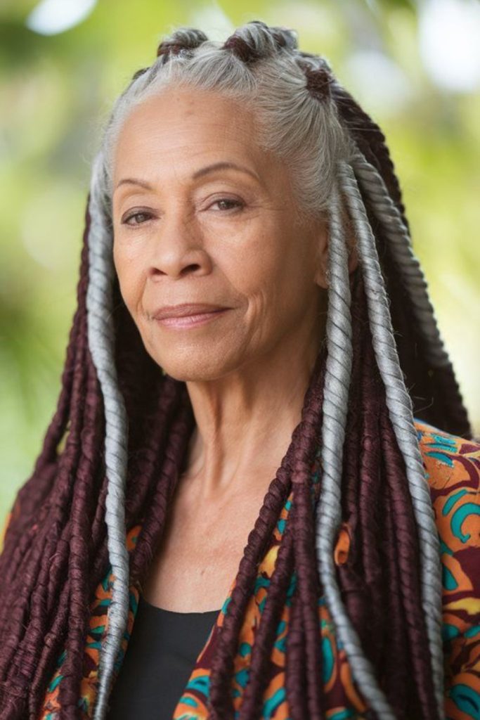 Silver-tinted locs draping like flowing ribbons