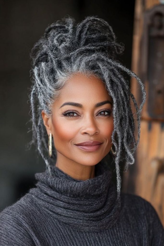 White locs shimmering with soft elegance