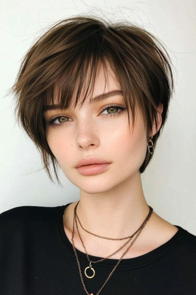 Pixie cut with uneven fringe flick