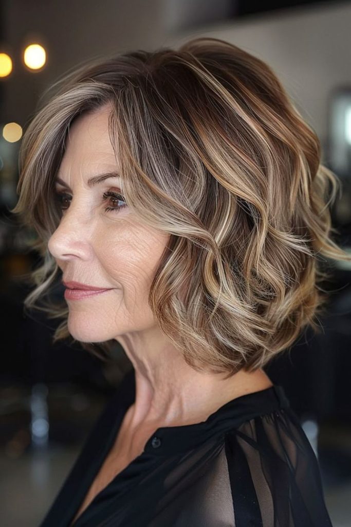 Porcelain wavy bob with silver tones.