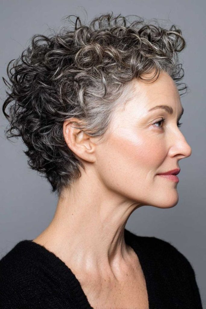 Edgy curly pixie with structured chaos.