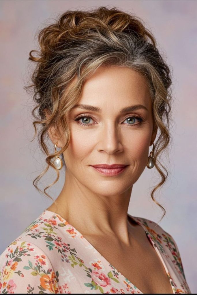Romantic curly updo with soft wisps.