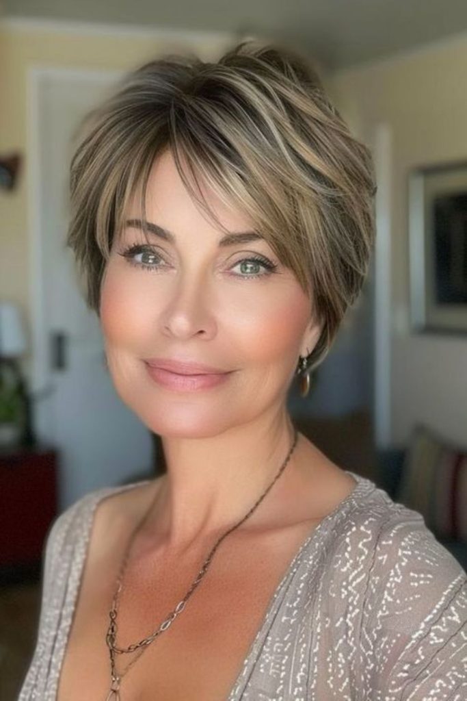 Romantic soft fringe pixie.