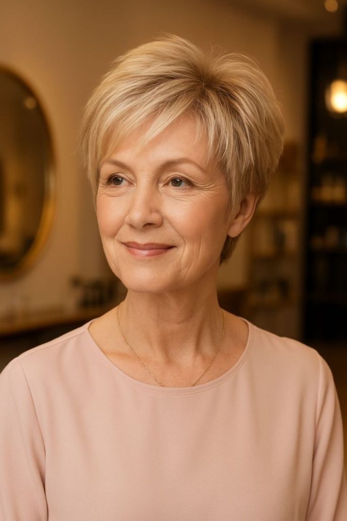 Rounded silhouette pixie shape.