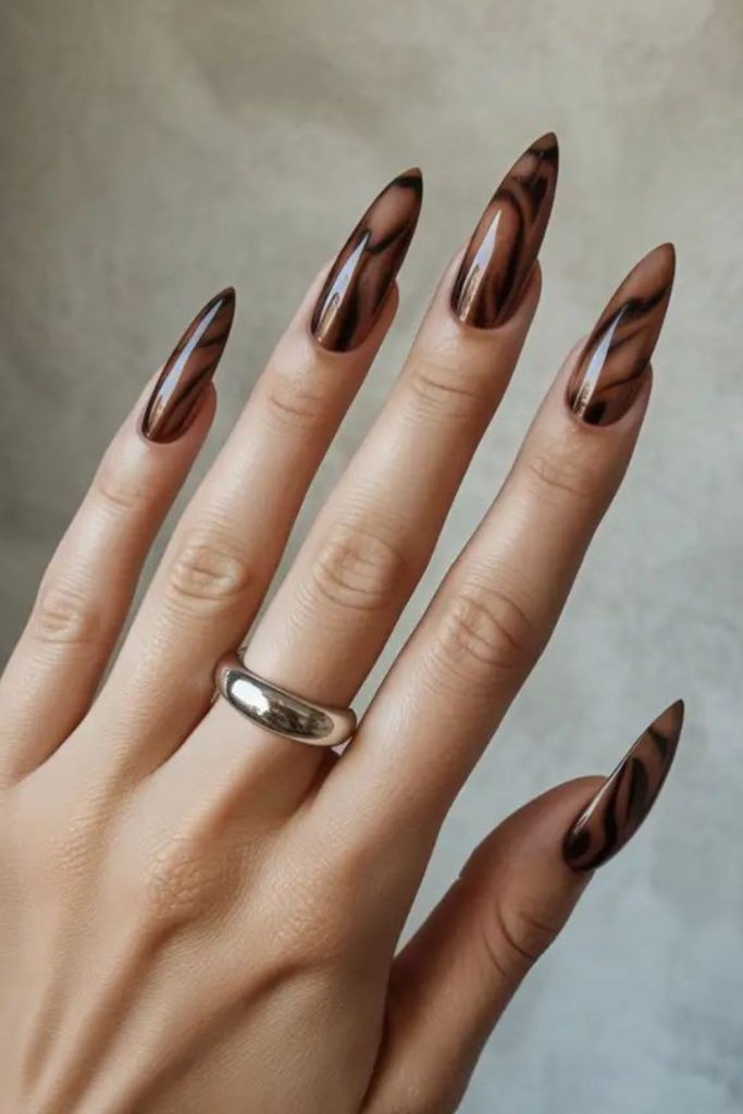 Rustic brown halo soft glowing nails