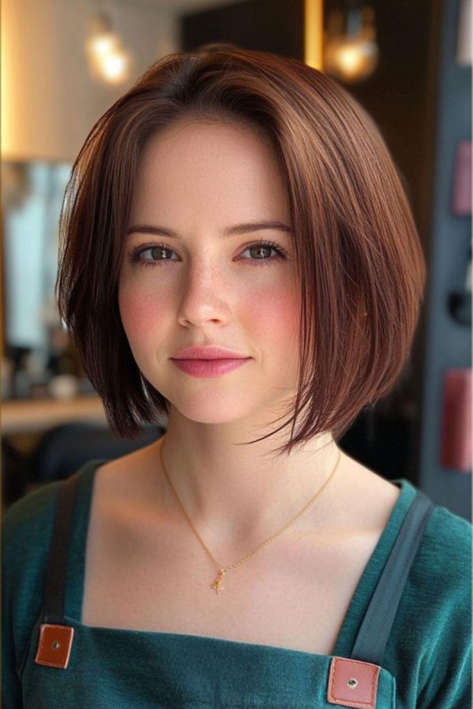 Straight satin column bob lengthening face.