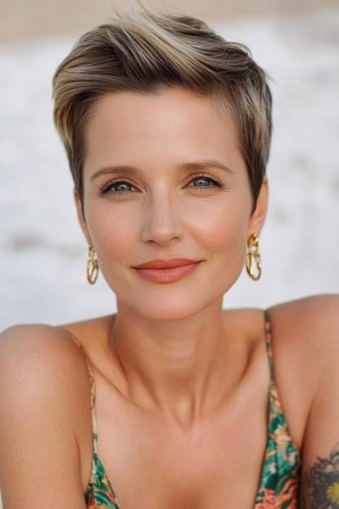 Smooth fading pixie with warm sheen.