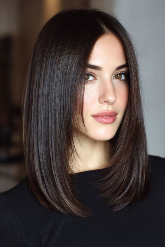 Subtle shadowed layered shoulder-length bob.