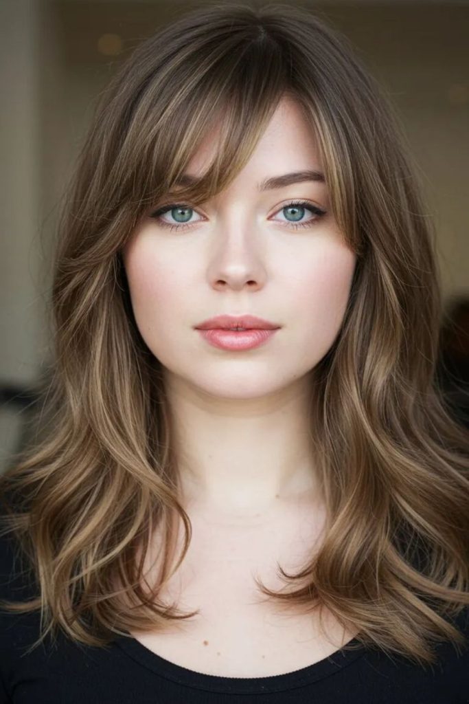 Side-swept curtains soften facial contours naturally