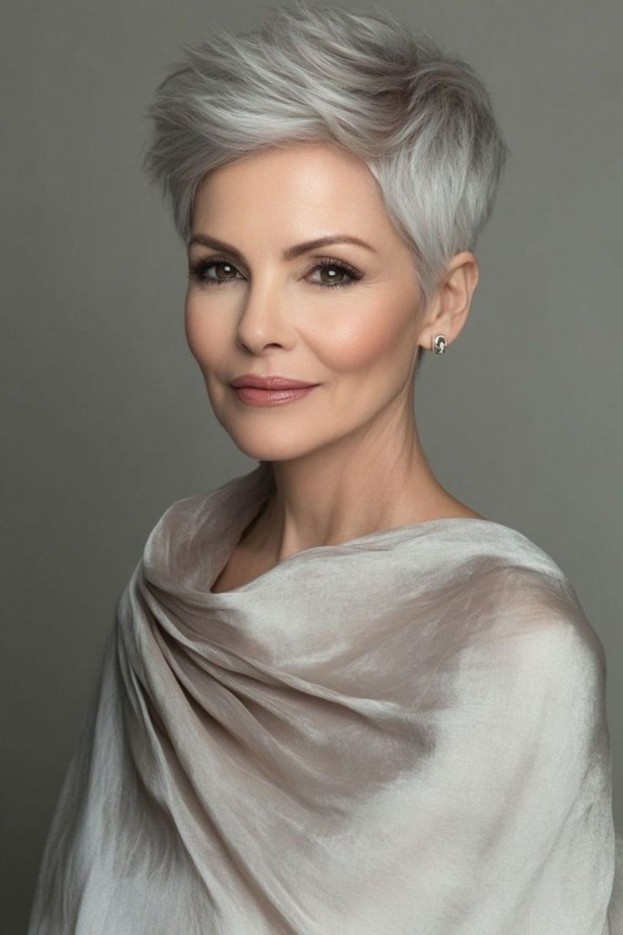 Silver feathered pixie short hairstyle.