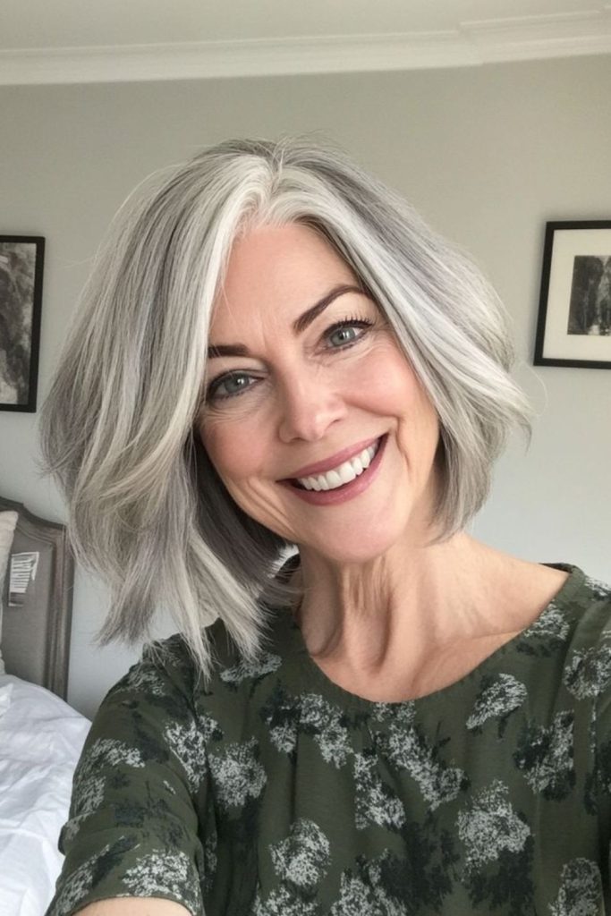 Elegant silver bob with soft layers.