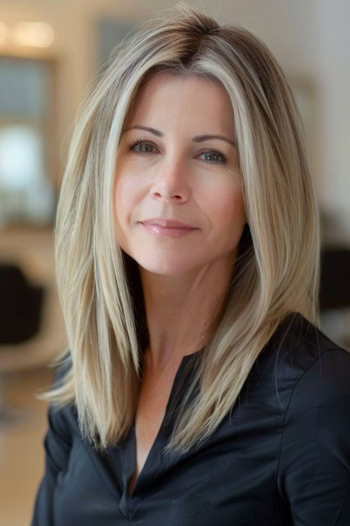 Sleek honey blonde lob hairstyle.