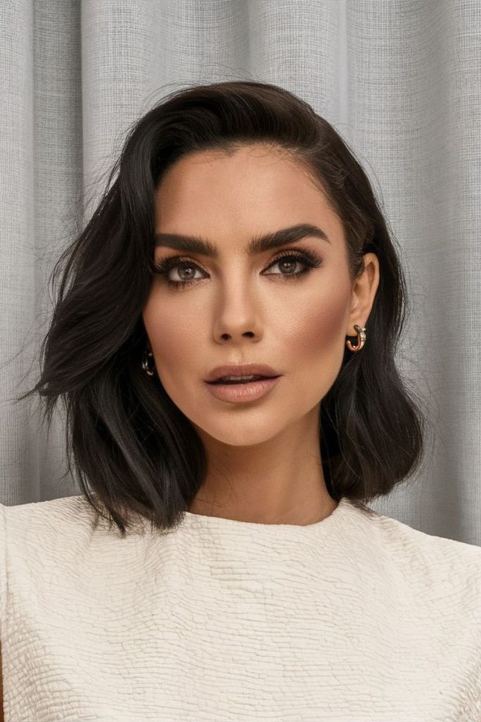 Sleek side-parted bob with shine.