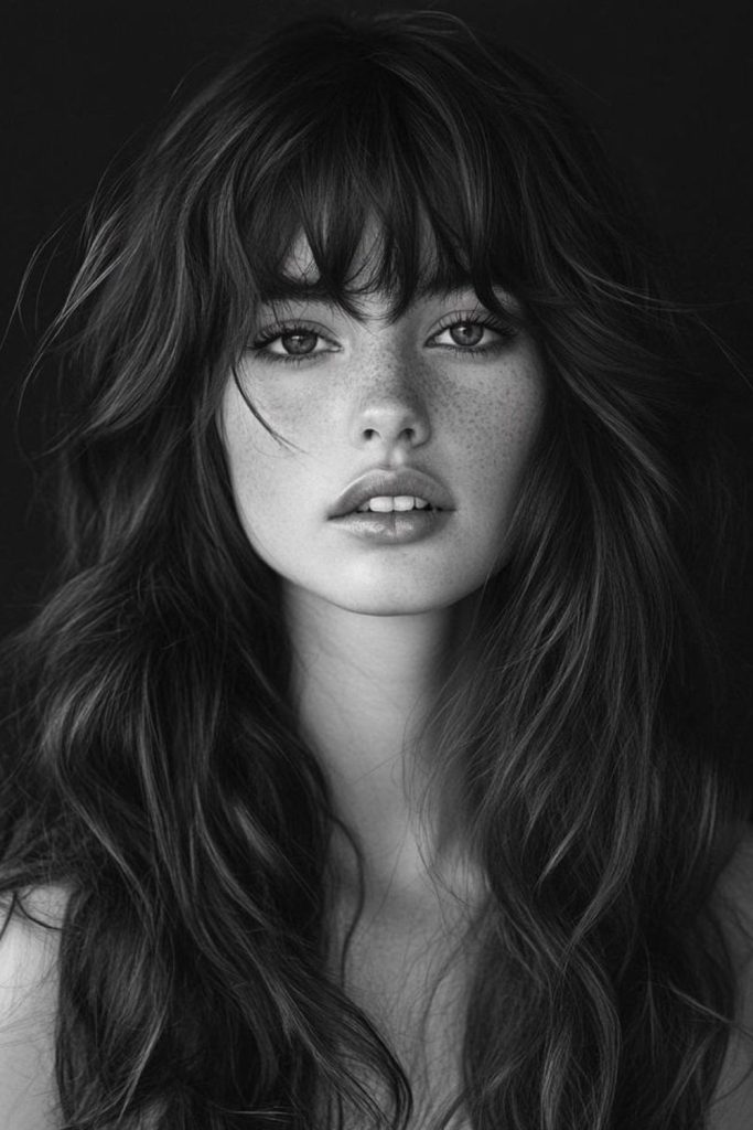 Smoky gray flowing curtain bangs