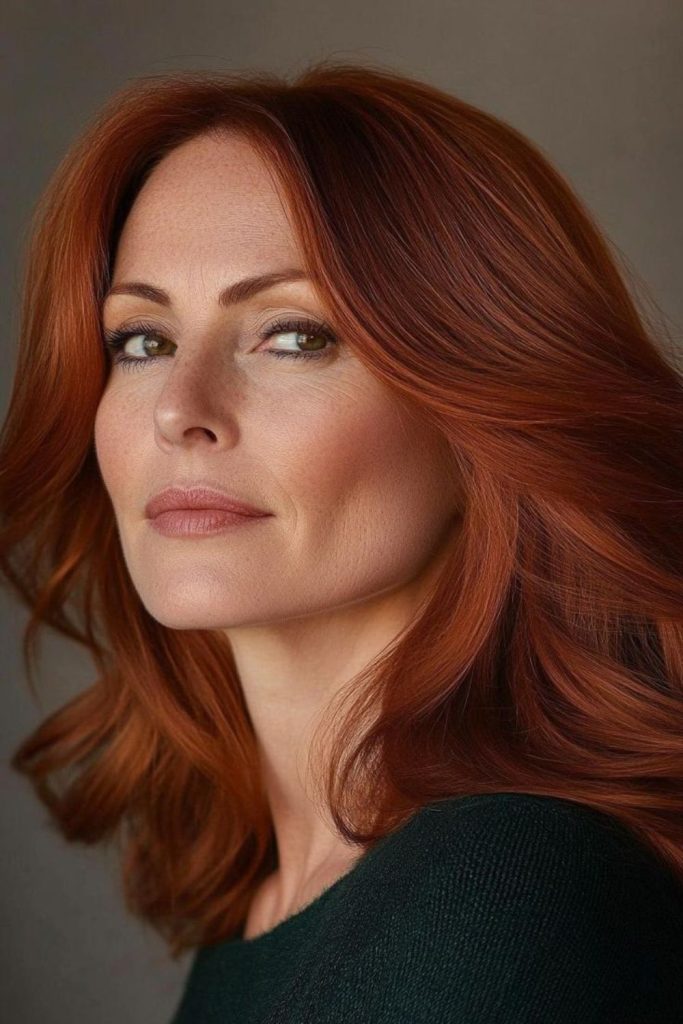 Soft copper glow with warm curls.