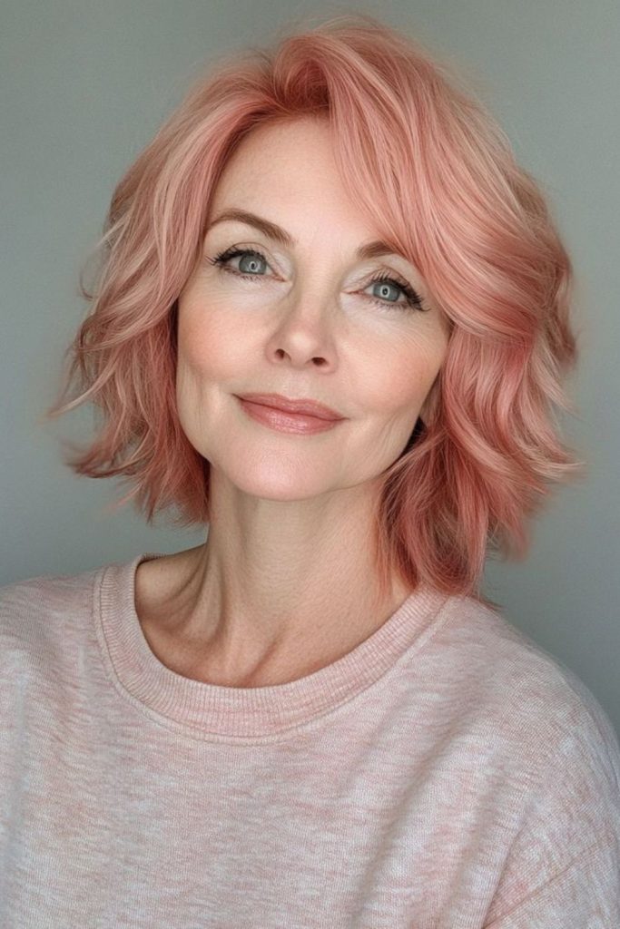 Soft rose-tinted bob for elegance.