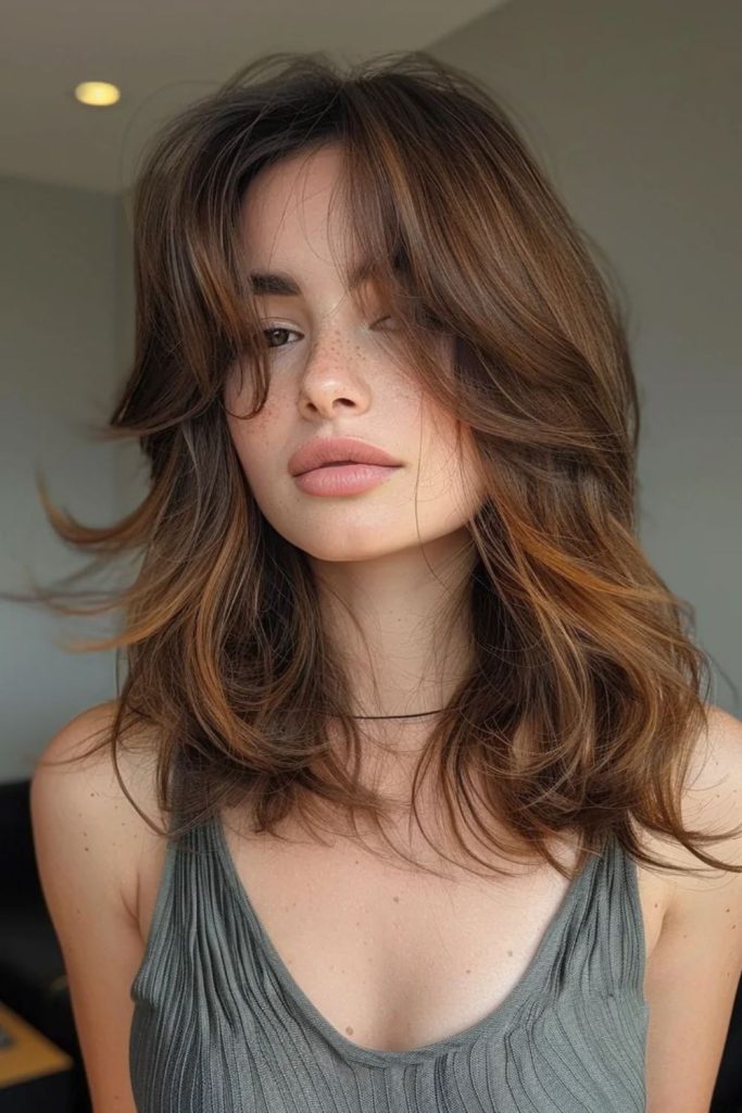 Fragmented layers create playful hair texture.