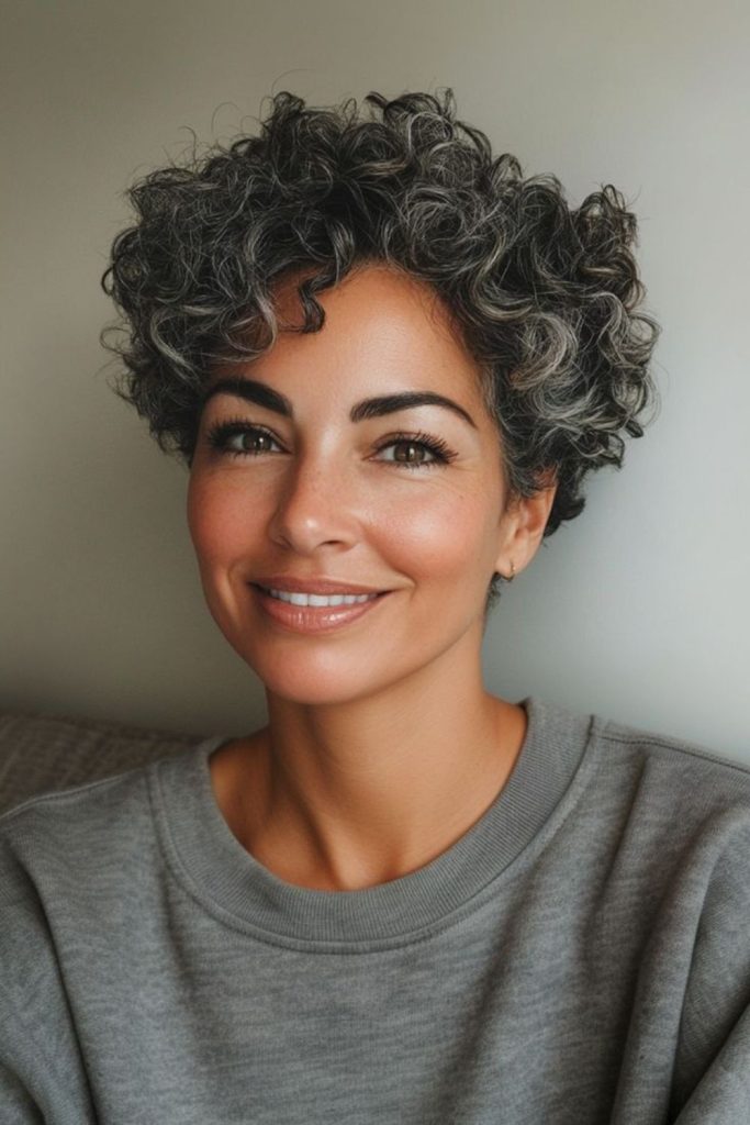 Ash-gray curls with playful texture.