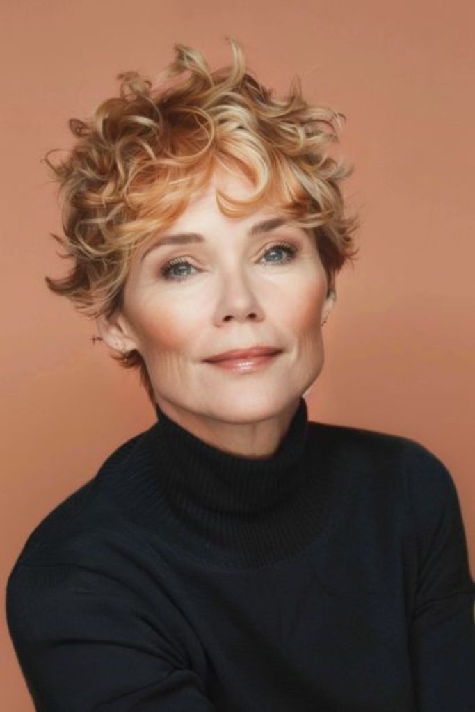 Golden highlighted curls radiating warmth.