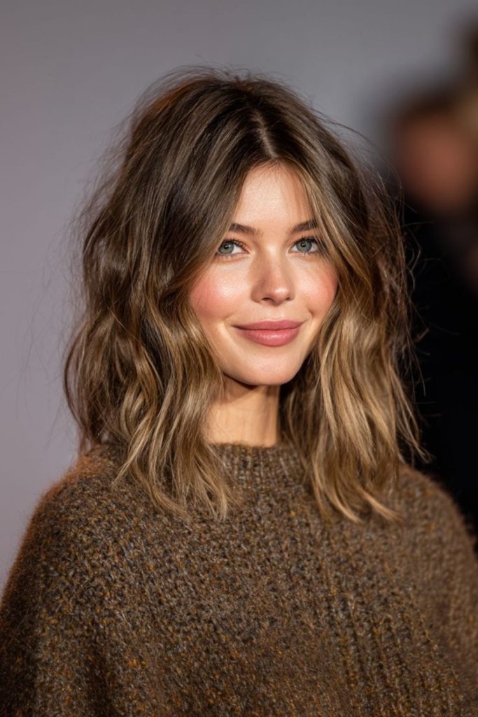 Golden shoulder-length waves catching soft sunlight.