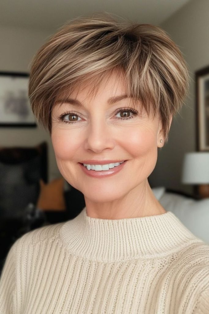 Short textured pixie with modern flair.