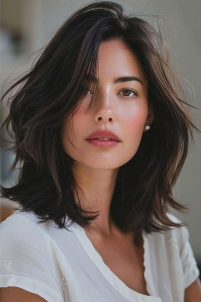 Side-parted textured bob with kinetic energy.