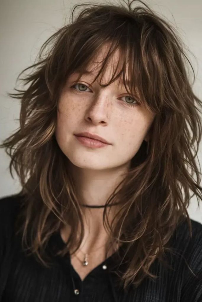 Spiraled choppy textured shoulder-length style