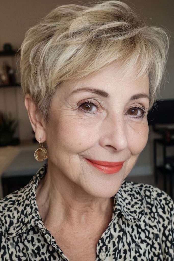 Tousled airy textured pixie cut.