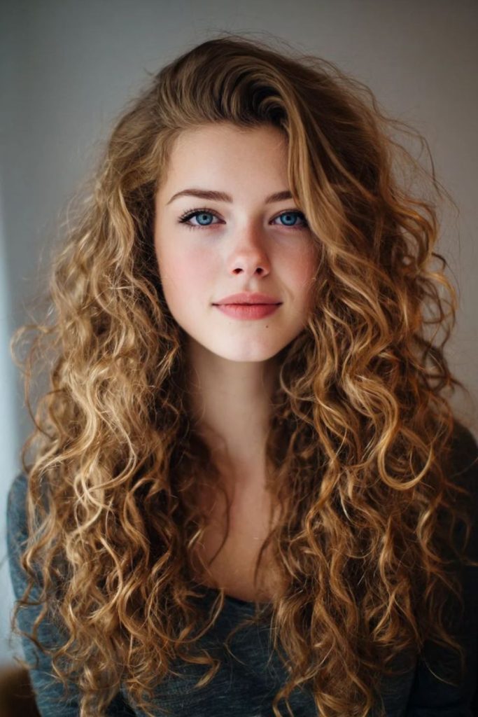 Voluminous curls embracing oval face lines.
