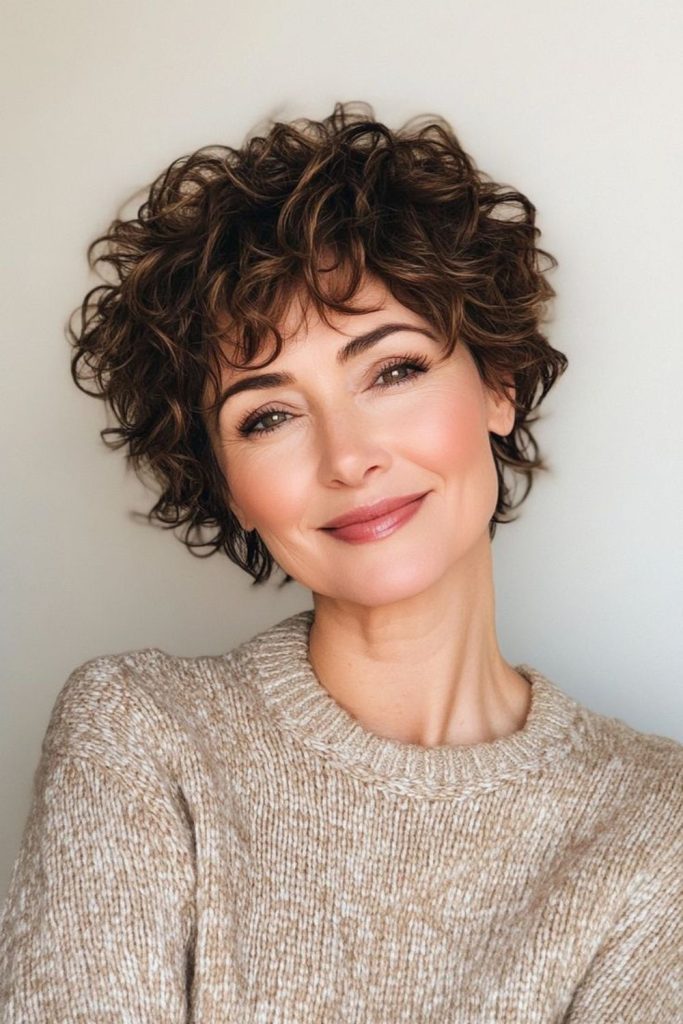 Deep auburn curls with playful texture.